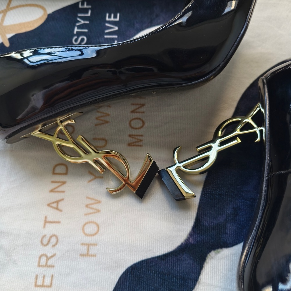 Saint Laurent Black Patent Pointed-Toe Heels with Gold YSL Logo Heel - Picture 11 of 12